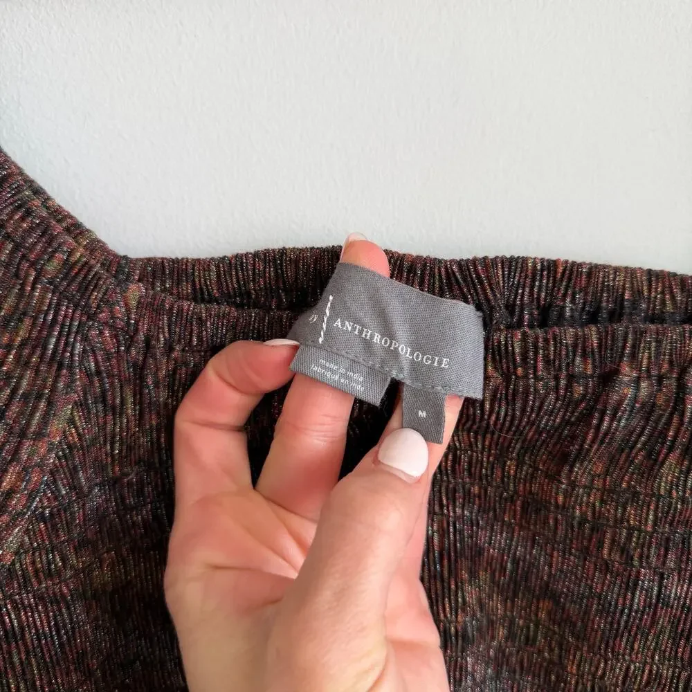 Anthropologie Bishop Smocked Metallic Shimmer Bell Sleeve Cropped Blouse Brown M